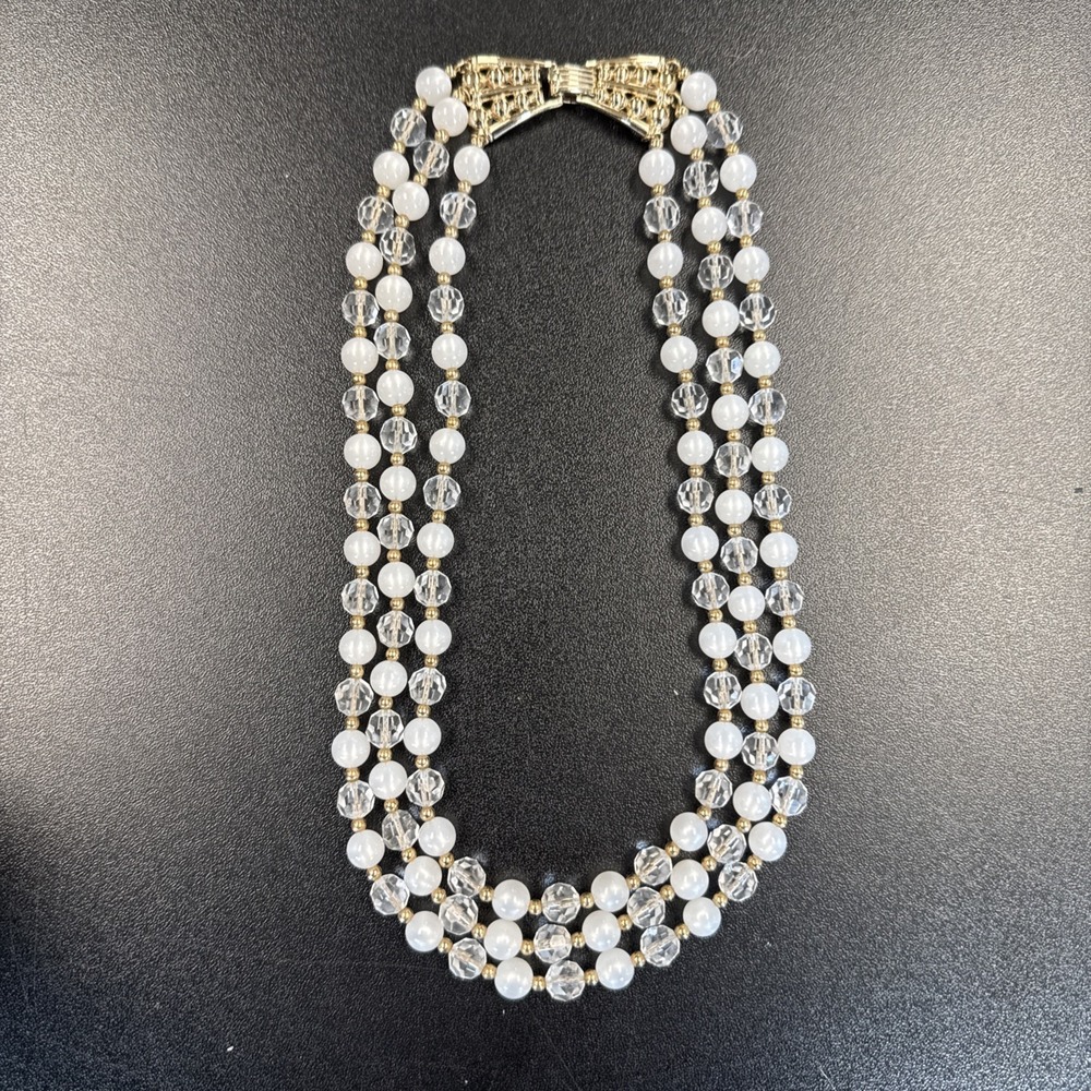 Vintage Multi-Strand Faux Pearl necklace with crystal accents
